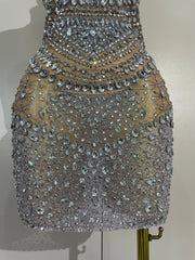 Sparkling Rhinestone Halter Mesh See-Through Mini Dress