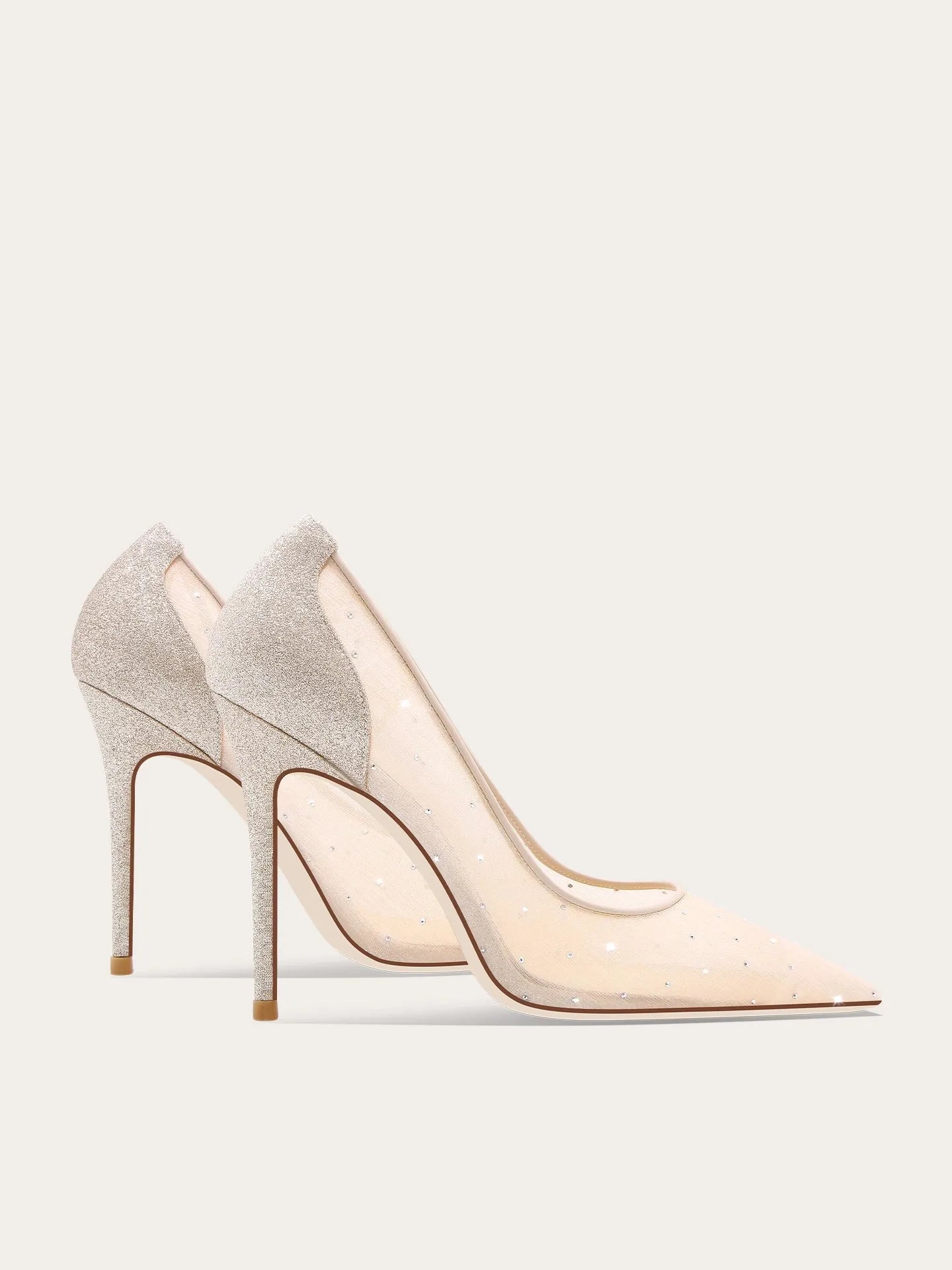 Pair of high-heeled shoes with a mix of gray and beige on a white background