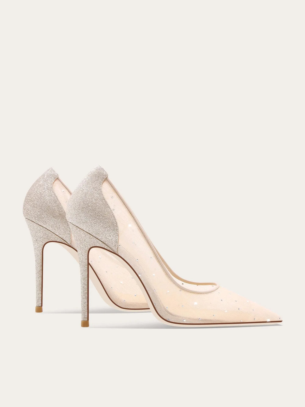 Pair of high-heeled shoes with a mix of gray and beige on a white background