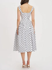 White Polka Dot V-Neck A-Line Midi Dress