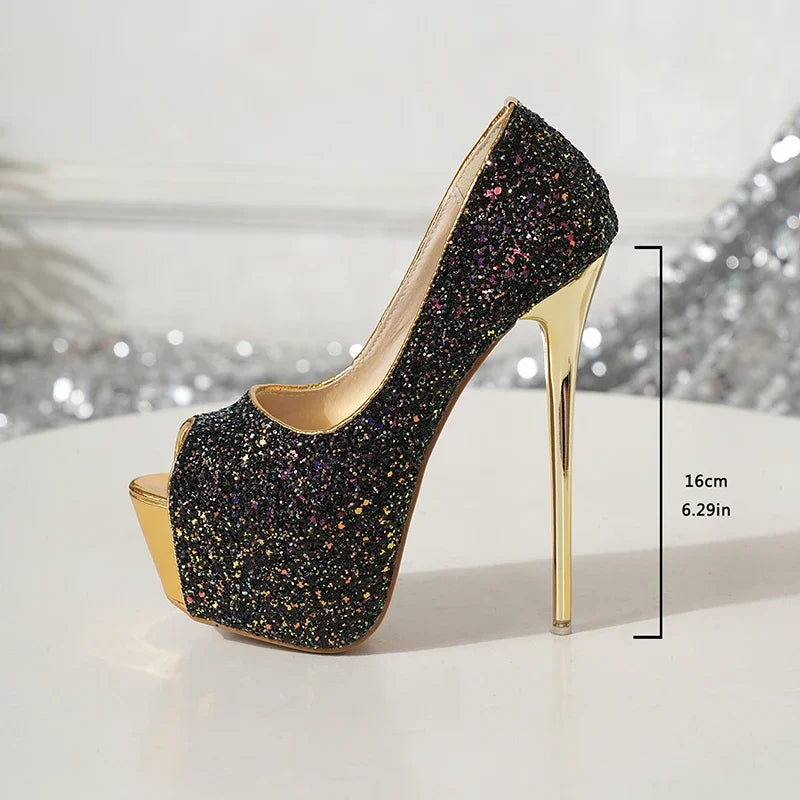Black glitter high heel shoe with gold sole on a white background