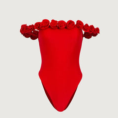 Off-Shoulder Swimsuit with Rose Trim - One Piece