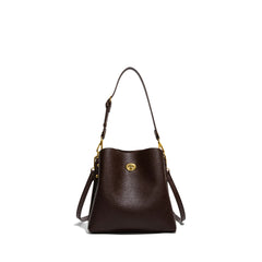 Brown leather handbag with gold clasp on a white background