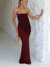 Burgundy draped strapless column maxi dress