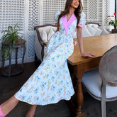 Floral puff sleeve midi dress with a turn-down collar