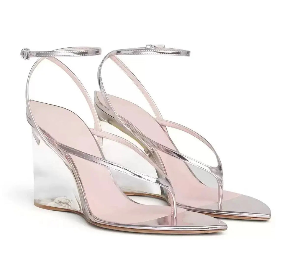 Silver transparent wedge flip flop sandals with ankle strap