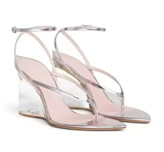 Silver transparent wedge flip flop sandals with ankle strap