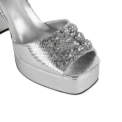 Satin Platform Crystal Embellishment Block Heels