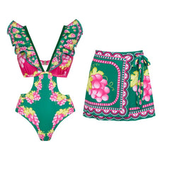 Grape Print Ruffled Swimsuit and Maxi Skirt Set