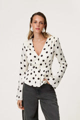 White Polka Dot Long Sleeve Button Satin Top