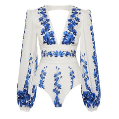 Balloon Sleeve Square Neck Cutout Bodysuit and Print Maxi Skirt Set