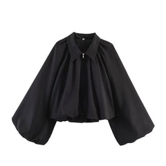 Balloon Sleeve Collared Zip-Front Cropped Jacket