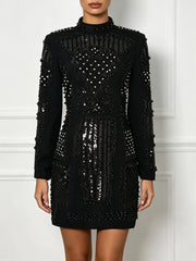 Rhinestone Sequin High Neck Padded Shoulder Mini Dress