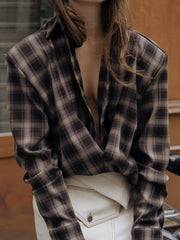 Plaid Draped Open-Neck Long Sleeve Crop Shirt
