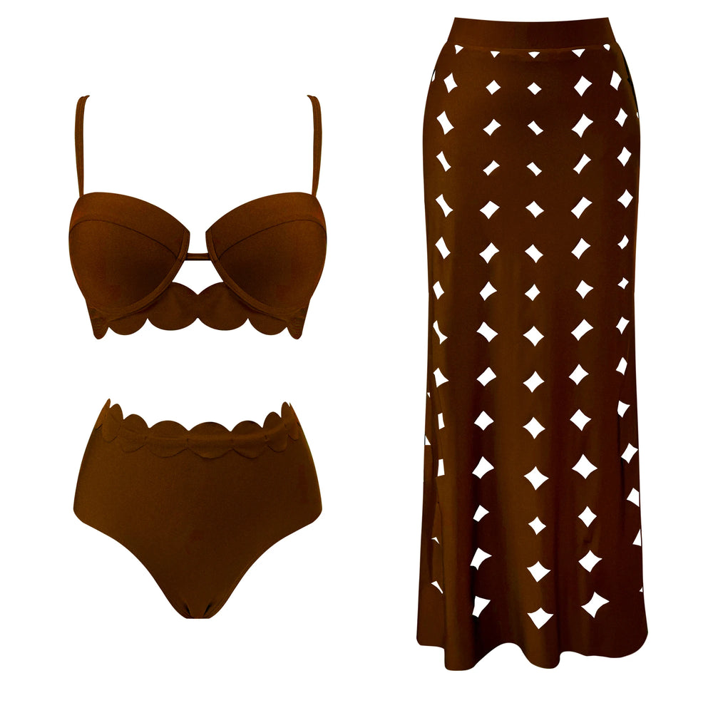 Brown scalloped trim bikini top and high-waisted cutout maxi skirt laid flat.
