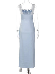 Lace Trim Square Neck Satin Maxi Dress