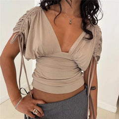 Ruched Drawstring Sleeve Deep V Neck Top