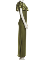 Tiered Shawl Neck Olive Green Maxi Dress