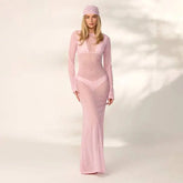 Sheer polka dot mesh maxi dress with long sleeves