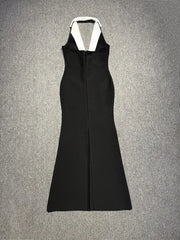 Black Contrast V Neck Button Bandage Maxi Dress