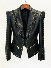 Black lace-up embellished fitted blazer front view