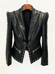 Black lace-up embellished fitted blazer front view