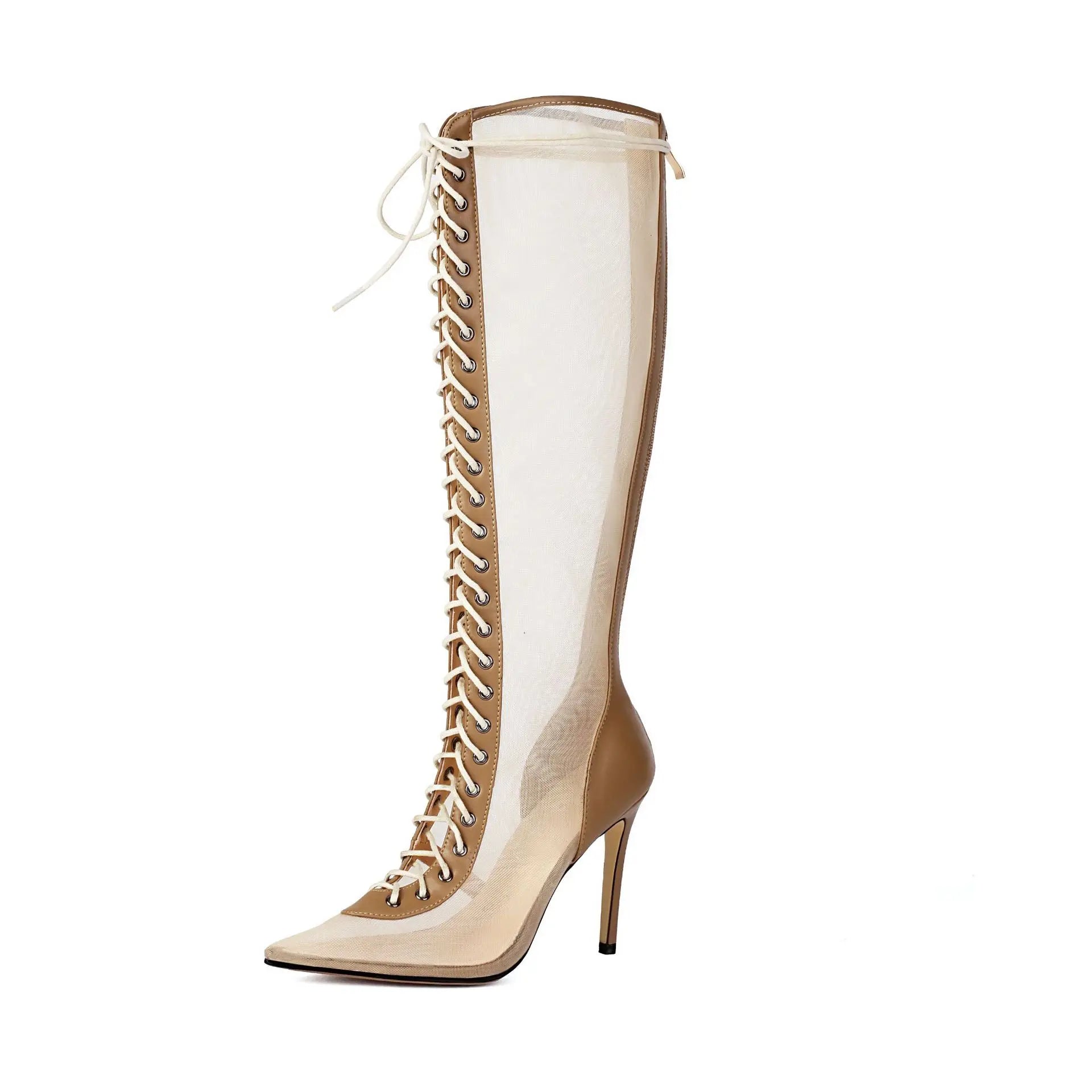 Beige knee-high boot with lace-up design