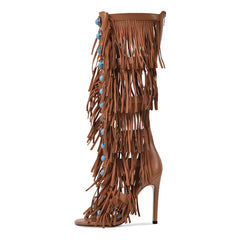 Fringed Turquoise Studded Knee High Boots