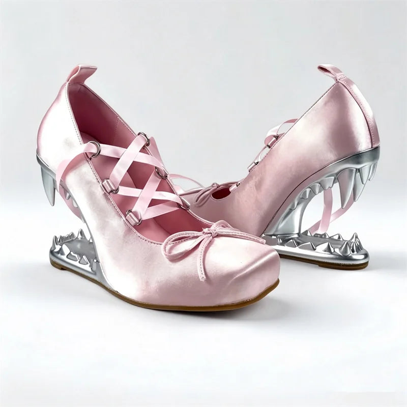 Pink satin square toe shark tooth wedge heels with ribbon lace up