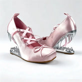 Pink satin square toe shark tooth wedge heels with ribbon lace up