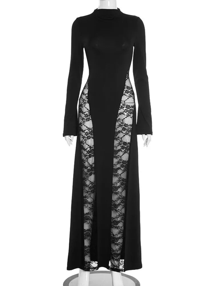 Black dress with lace detailing on a white background