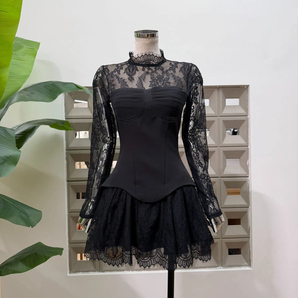 Black lace high neck mini dress with sheer long sleeves and structured bodice