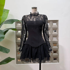 Black lace high neck mini dress with sheer long sleeves and structured bodice