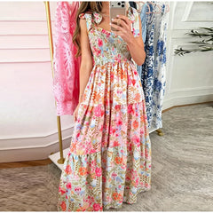 Floral Smocked Bust Tie Strap Maxi Dress