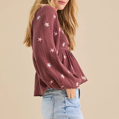 Floral Embroidered Square Neck Peplum Top