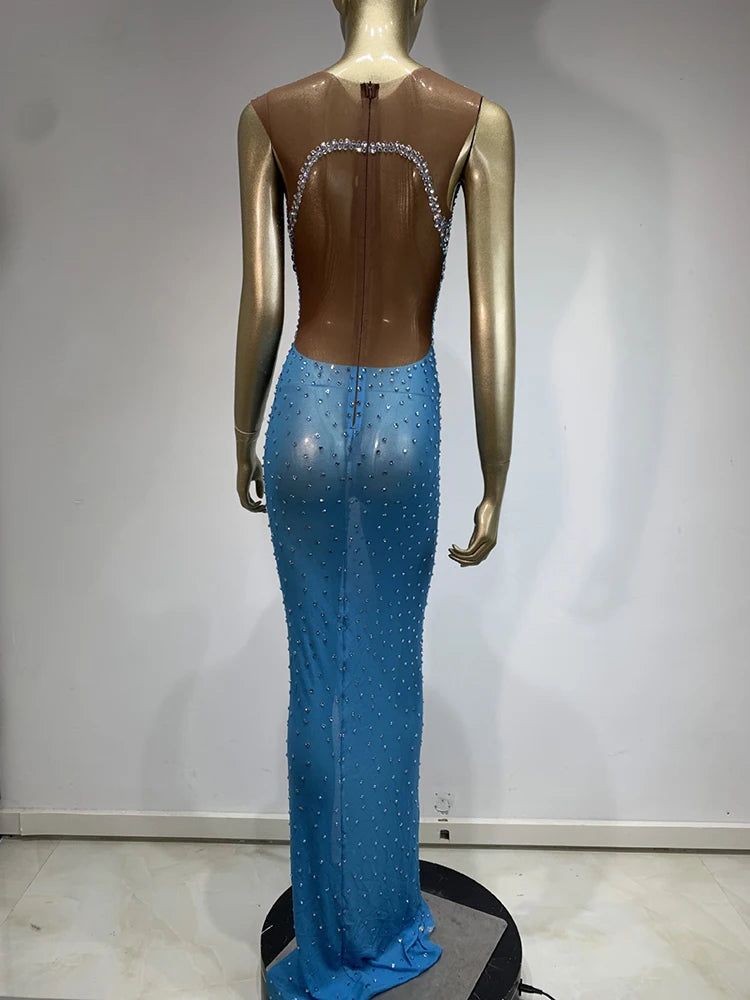 Rhinestone mesh column dress on mannequin back