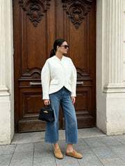 White Textured V-Neck Cropped Blazer