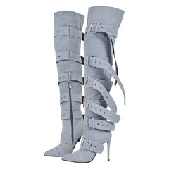 Pointed Toe Over The Knee Buckle Strap Boots