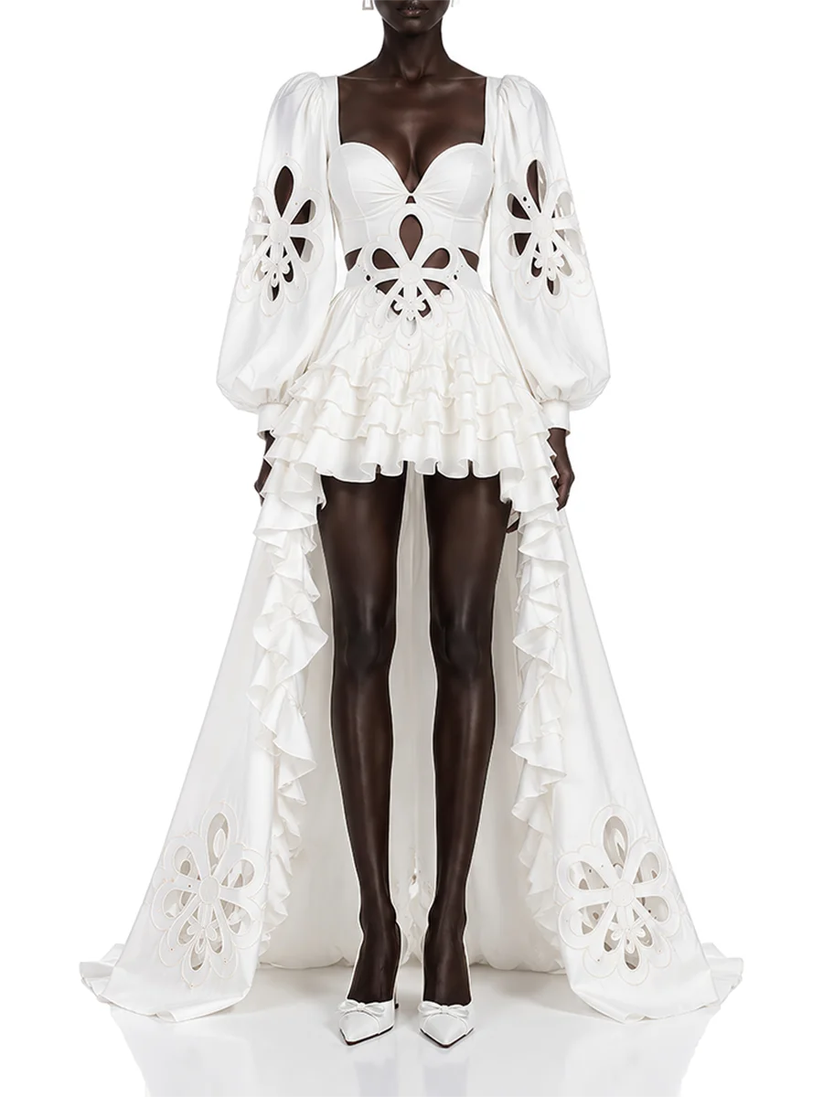White square neck lantern sleeve maxi dress with ruffle skirt
