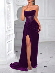 Sheer patchwork gown designed for formal events