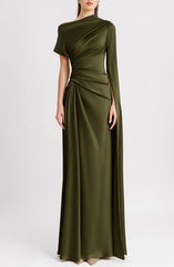 Olive green evening gown on a white background