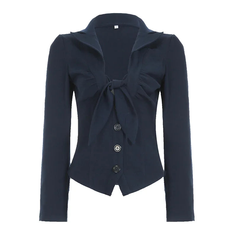 Navy blue top with a bow detail on a white background
