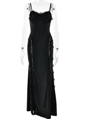 Black Lace Trim Spaghetti Strap Maxi Dress