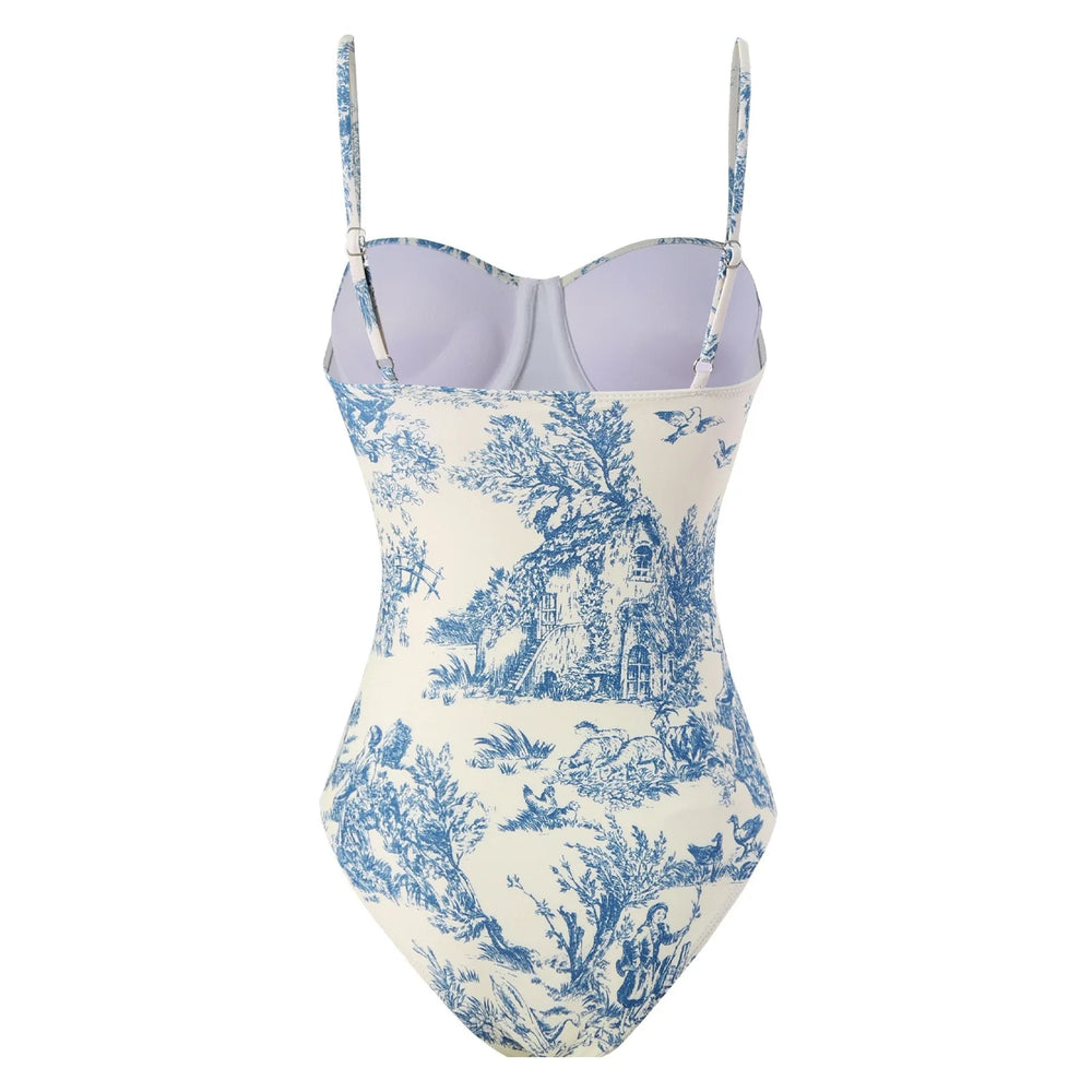Back view of bustier one-piece swimsuit with toile print