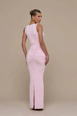 Solid Ruched Deep V-Neck Sleeveless Maxi Dress