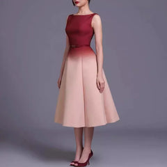Sleeveless ombre A-line midi dress with boat neckline and slim waist belt, burgundy to blush