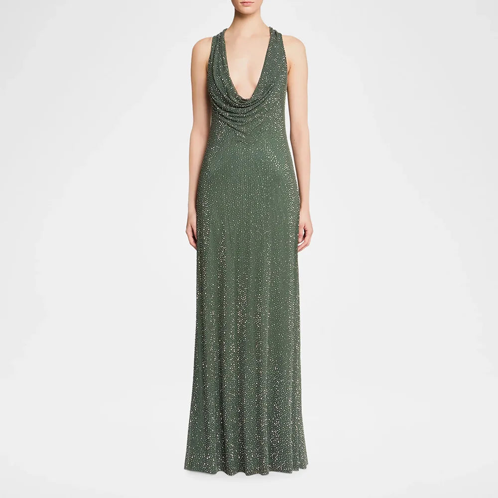 Sparkly rhinestone cowl neck sleeveless maxi dress