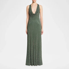 Sparkly rhinestone cowl neck sleeveless maxi dress