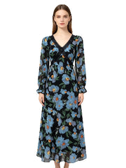 Maxi dress with V-neck, long sleeves, and blue floral print.