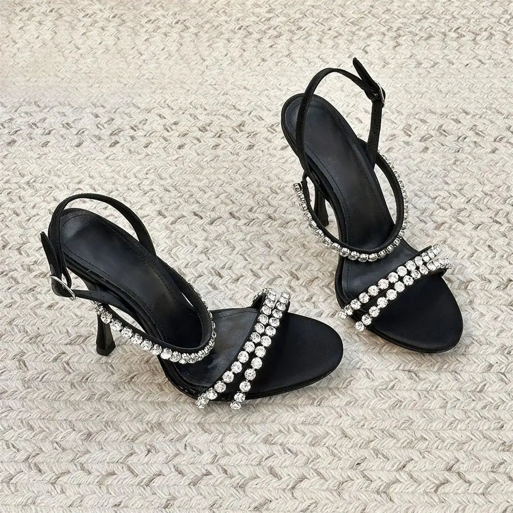 Black crystal embellished stiletto sandals